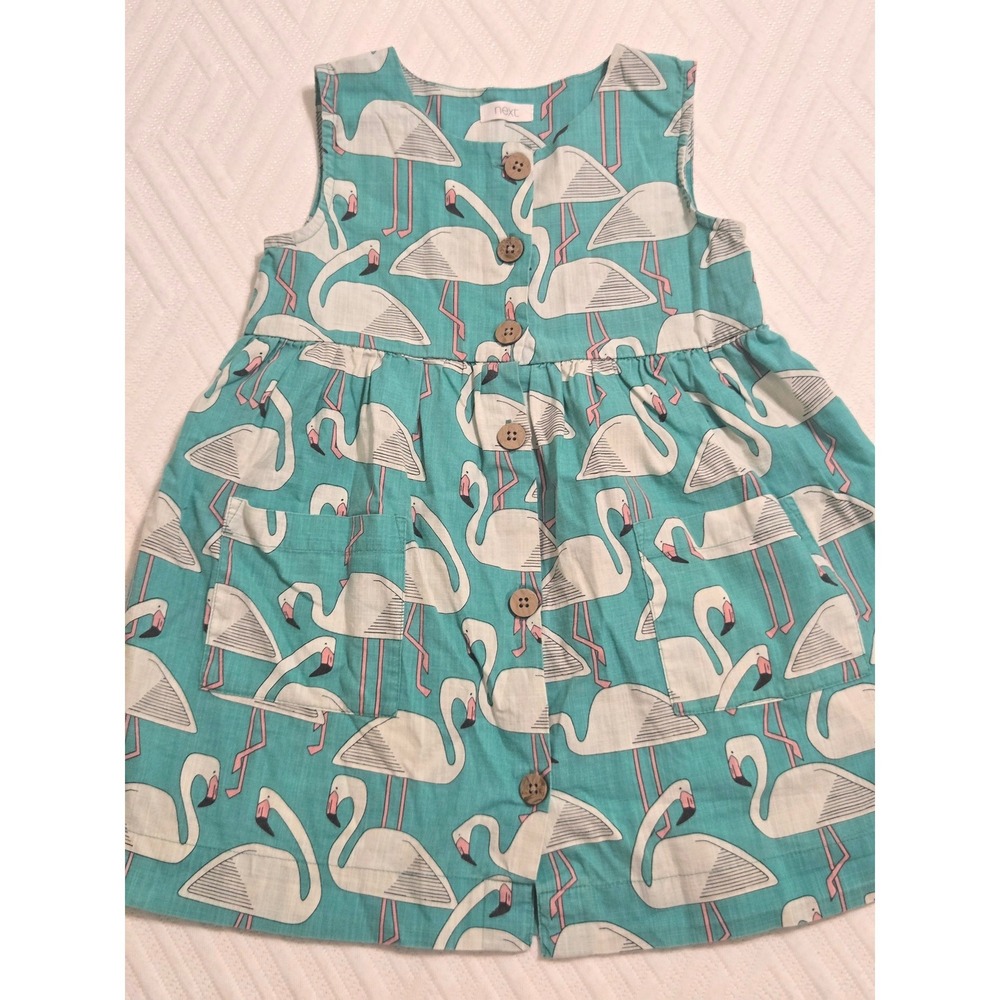 Next Kids Teal Flamingo Print Cotton Button Front Sleeveless Dress Size 2-3Years